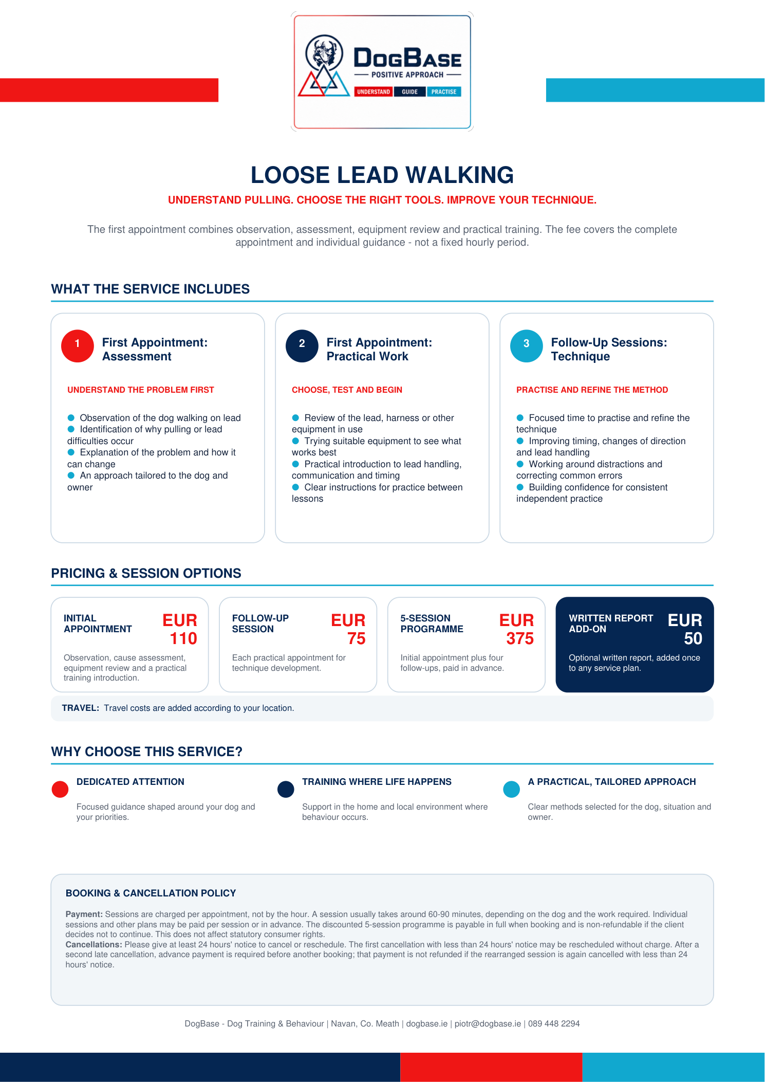DogBase Loose Lead Walking – session structure and pricing